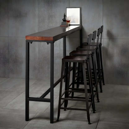 Brown Pine Wood Bar Table with Iron Legs — Table Only