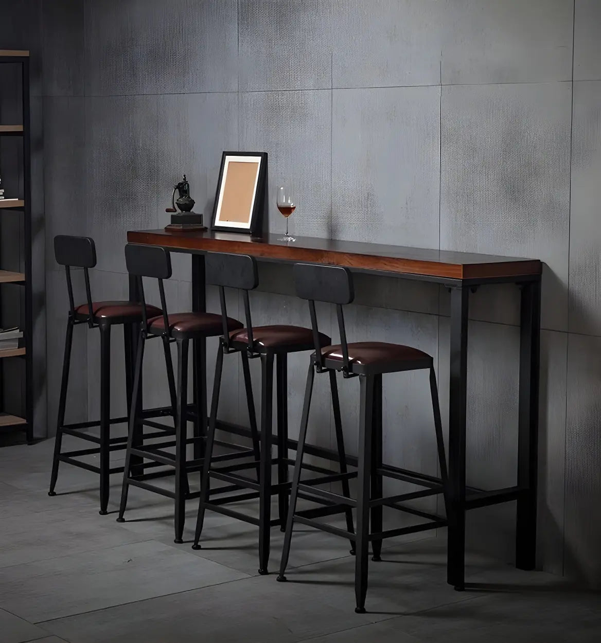 Brown Pine Wood Bar Table with Iron Legs — Table Only