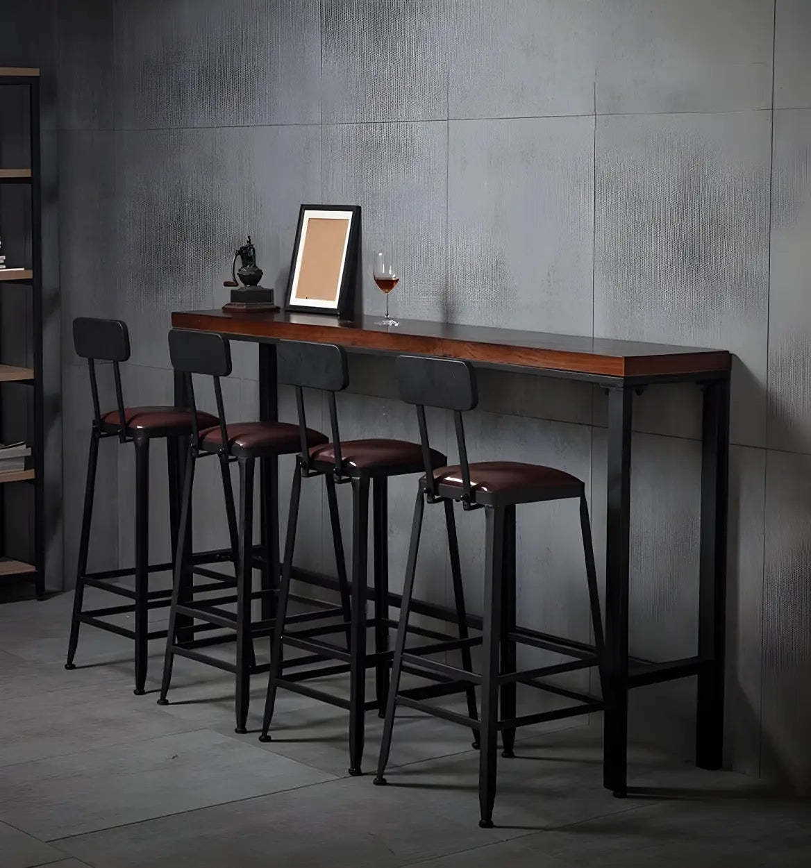 Brown Pine Wood Bar Table with Iron Legs — Table Only