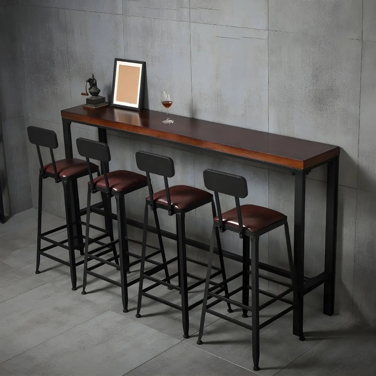 Brown Pine Wood Bar Table with Iron Legs — Table Only