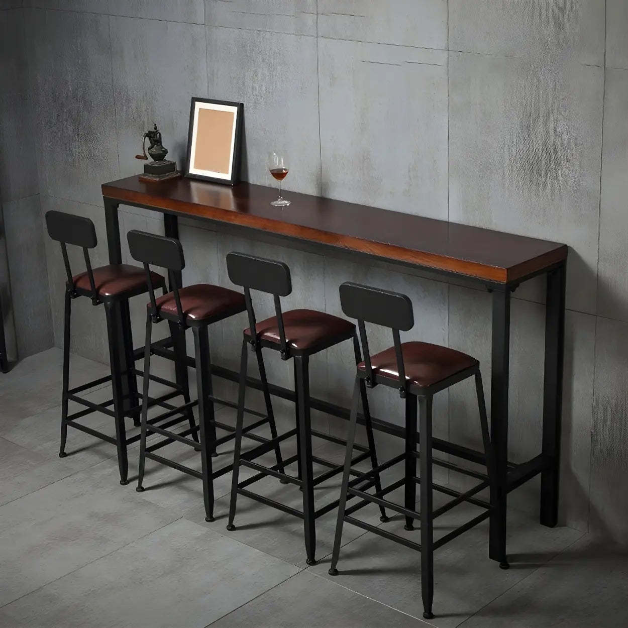 Brown Pine Wood Bar Table with Iron Legs — Table Only