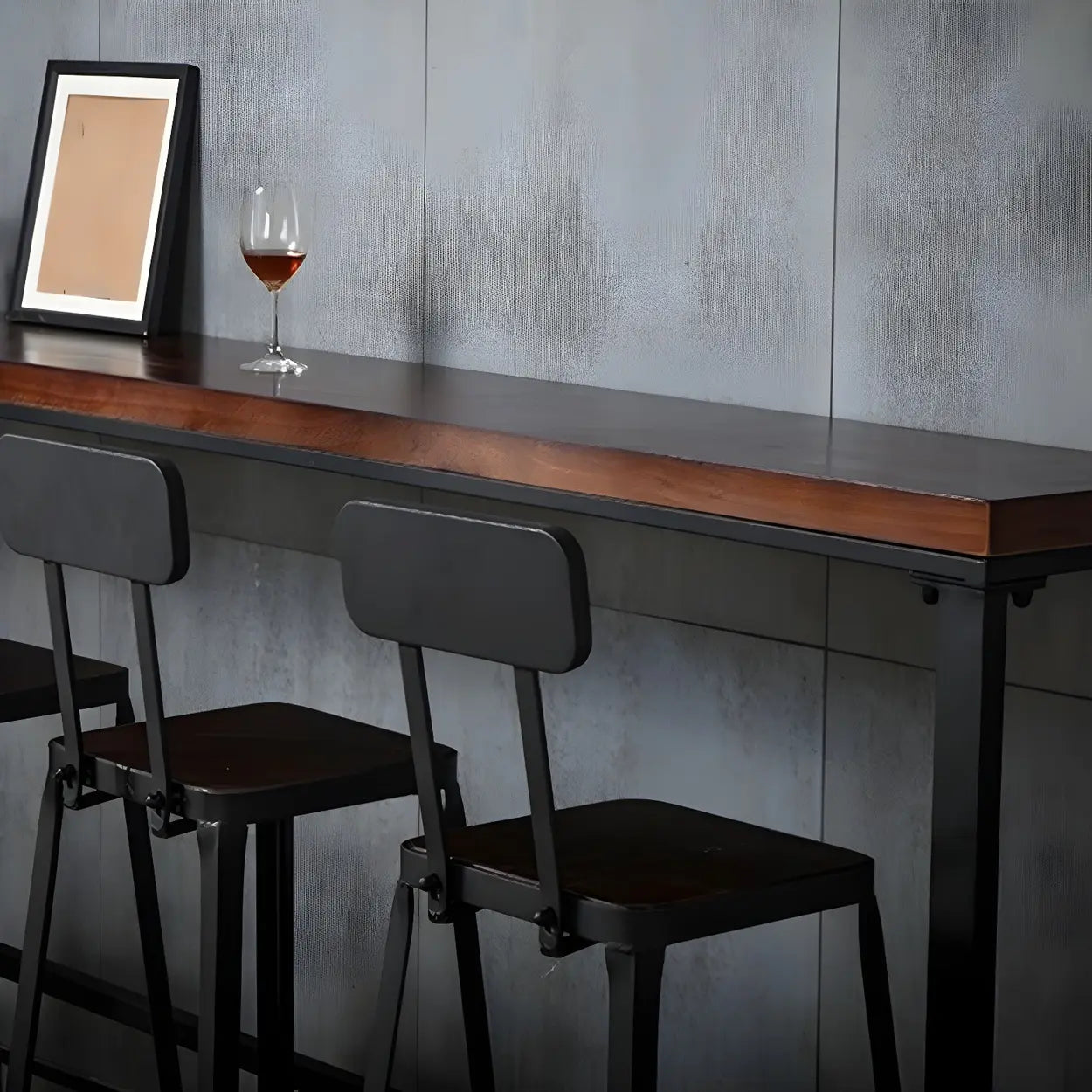Brown Pine Wood Bar Table with Iron Legs — Table Only