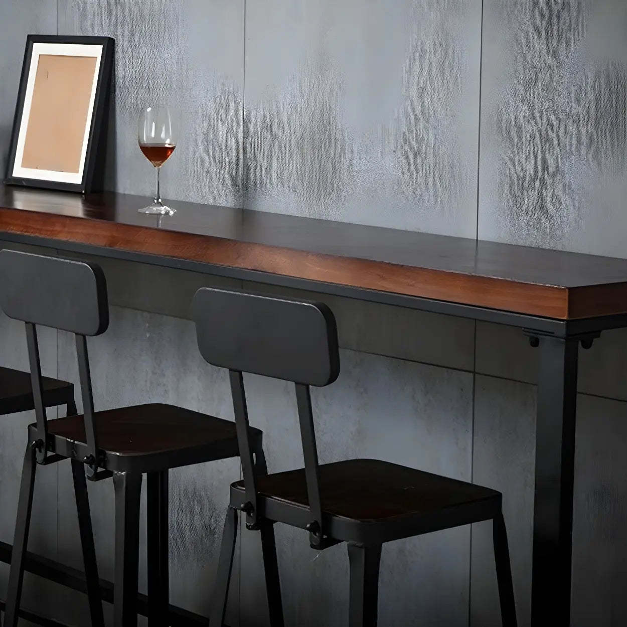 Brown Pine Wood Bar Table with Iron Legs — Table Only