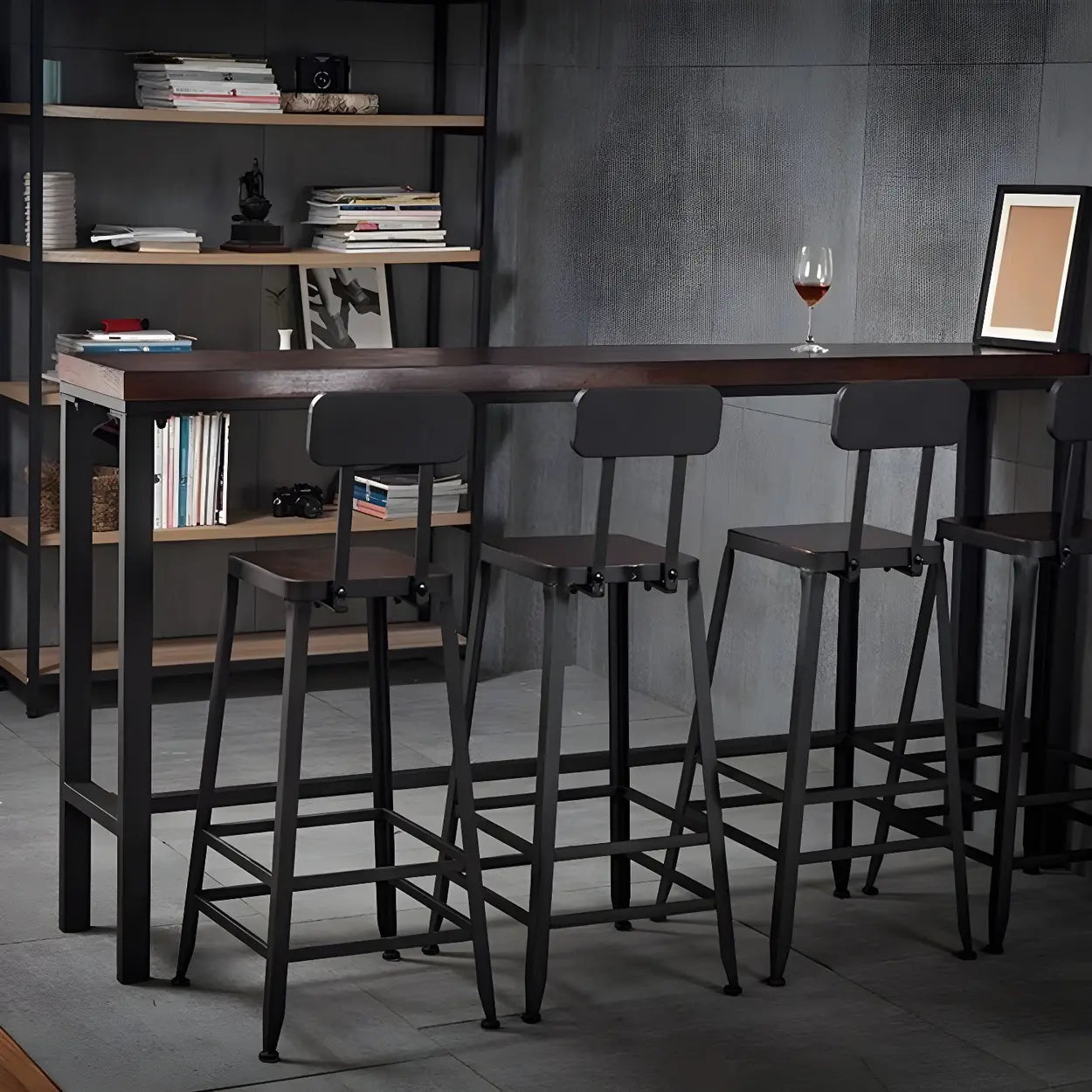 Brown Pine Wood Bar Table with Iron Legs — Table Only