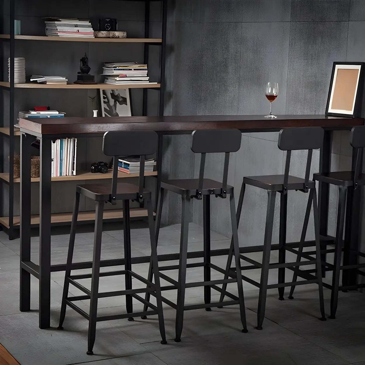 Brown Pine Wood Bar Table with Iron Legs — Table Only