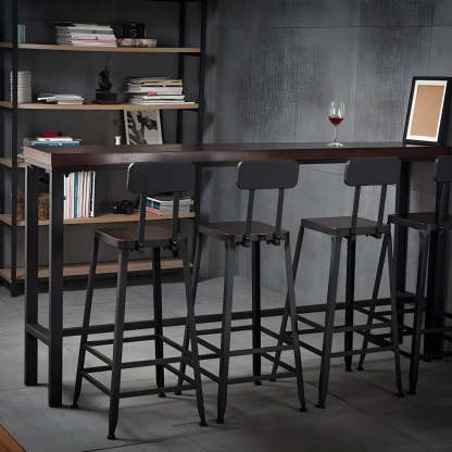 Brown Pine Wood Bar Table with Iron Legs — Table Only