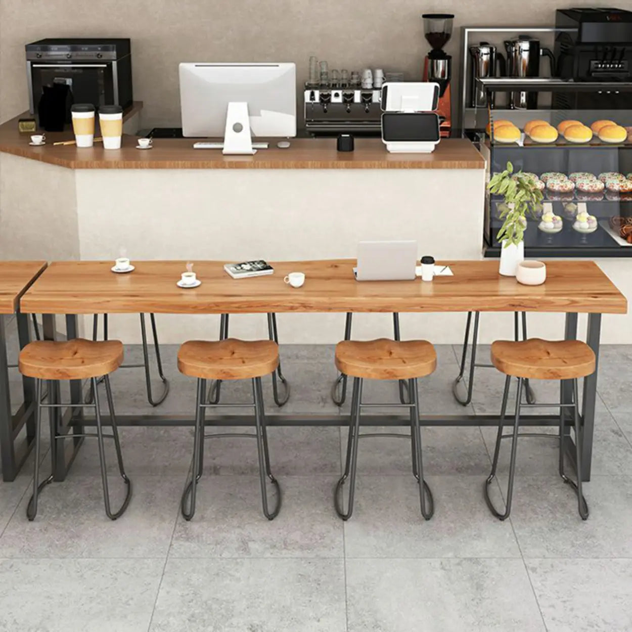 Industrial Brown Long Wood-Iron Bar Table Set — 1 Table & 4 Stools