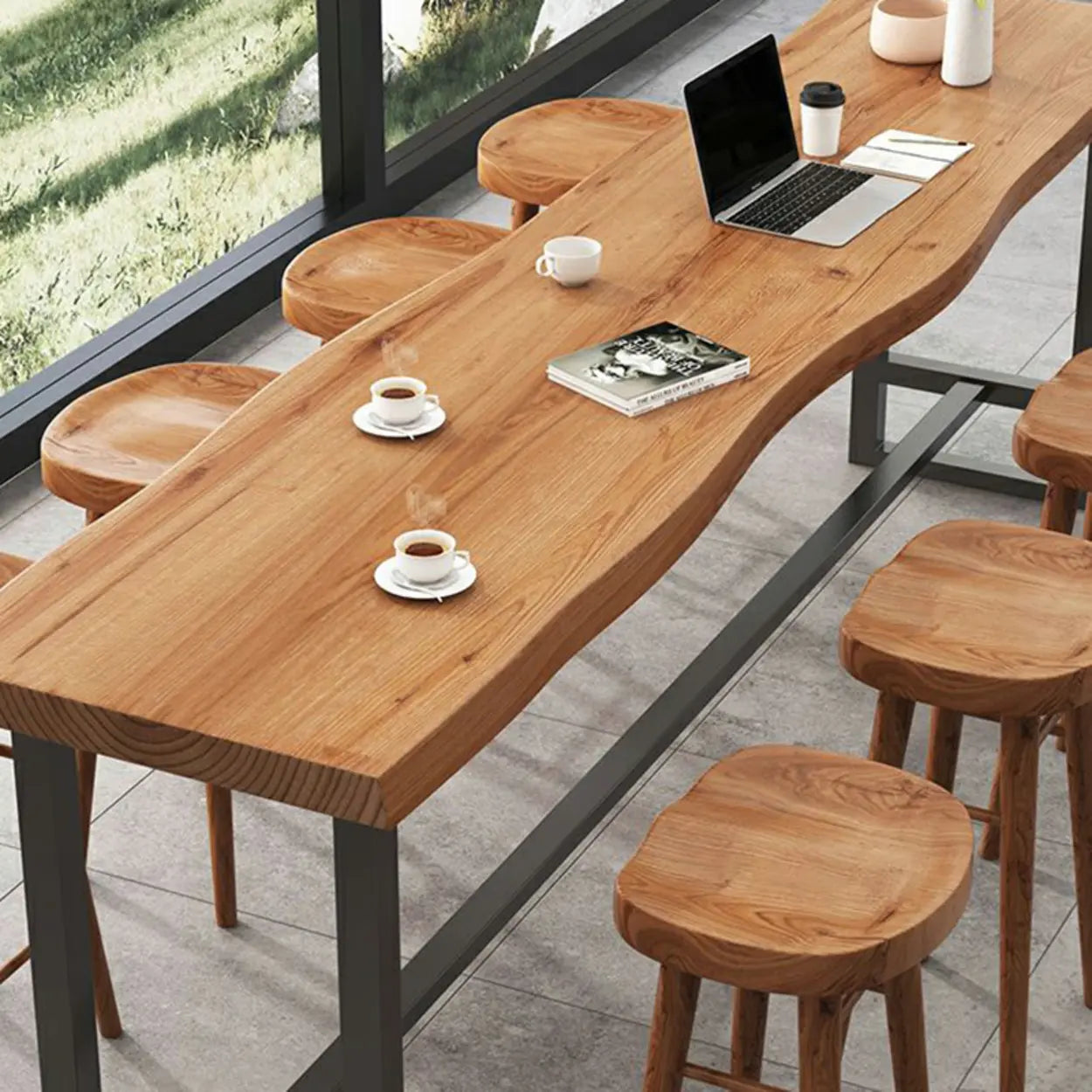 Industrial Brown Long Wood-Iron Bar Table Set — 1 Table & 4 Stools