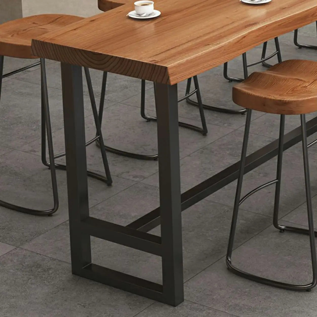 Industrial Brown Long Wood-Iron Bar Table Set — 1 Table & 6 Stools