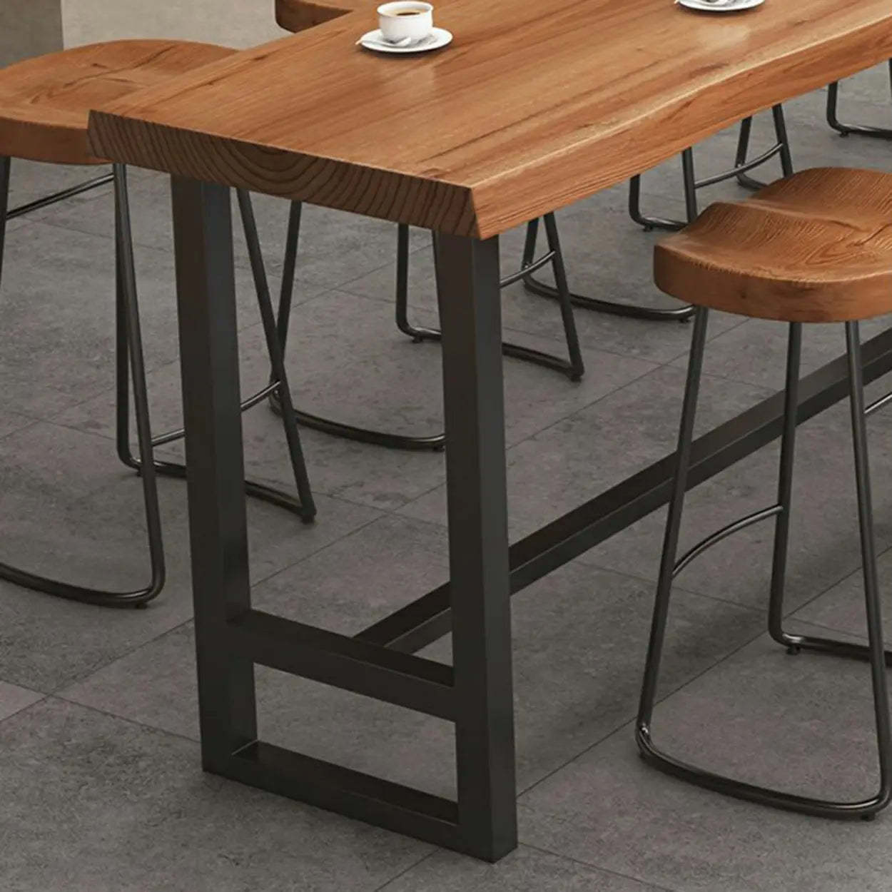 Industrial Brown Long Wood-Iron Bar Table Set — 1 Table & 6 Stools