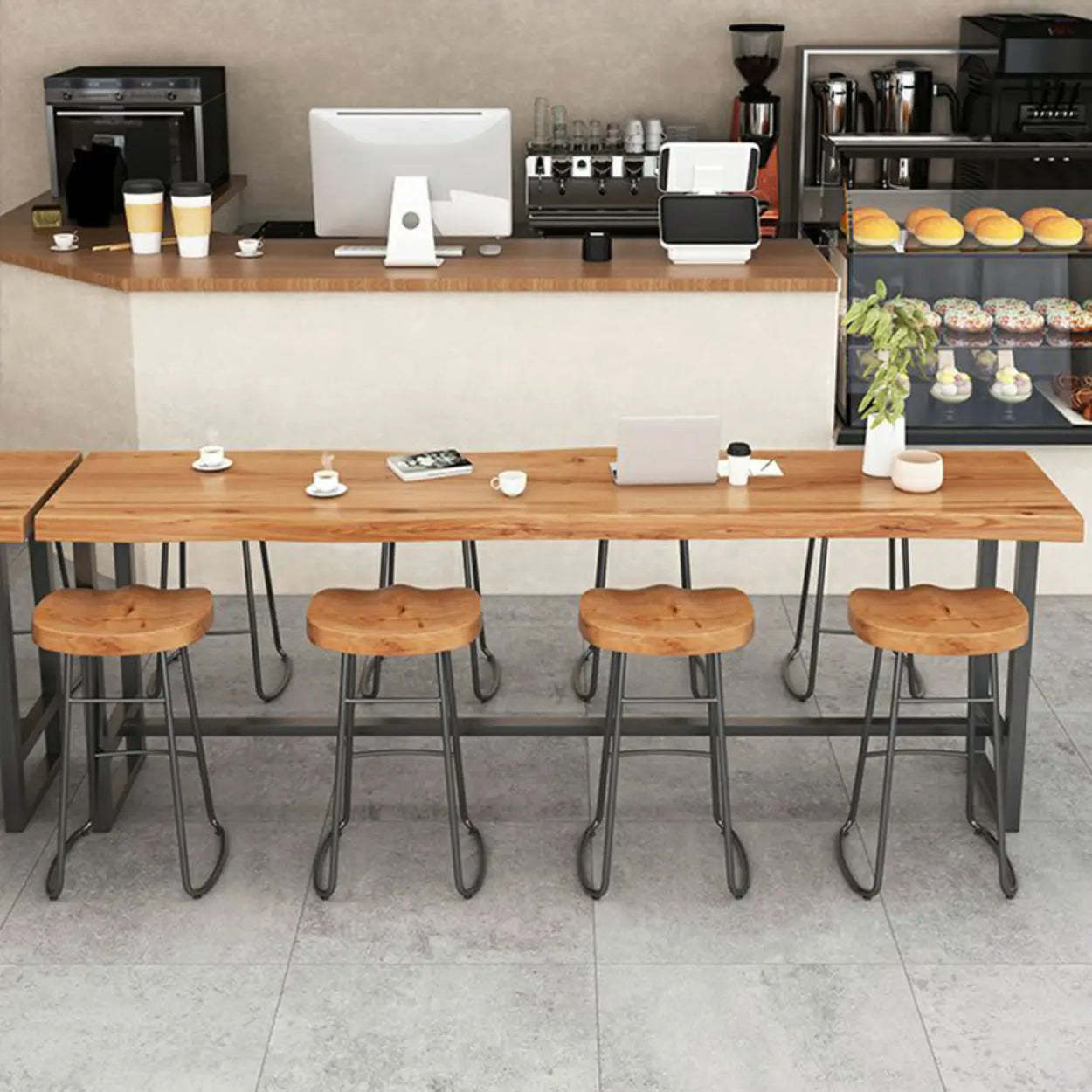 Industrial Brown Long Wood-Iron Bar Table Set — 1 Table & 4 Stools