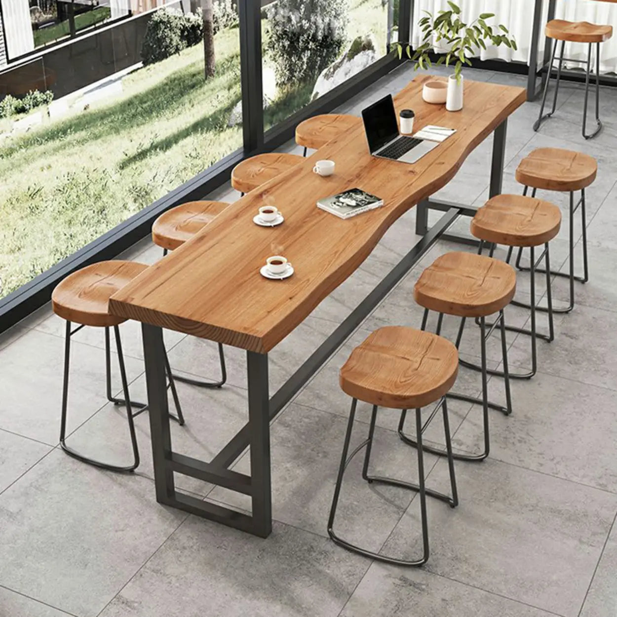 Industrial Brown Long Wood-Iron Bar Table Set — 1 Table & 8 Stools