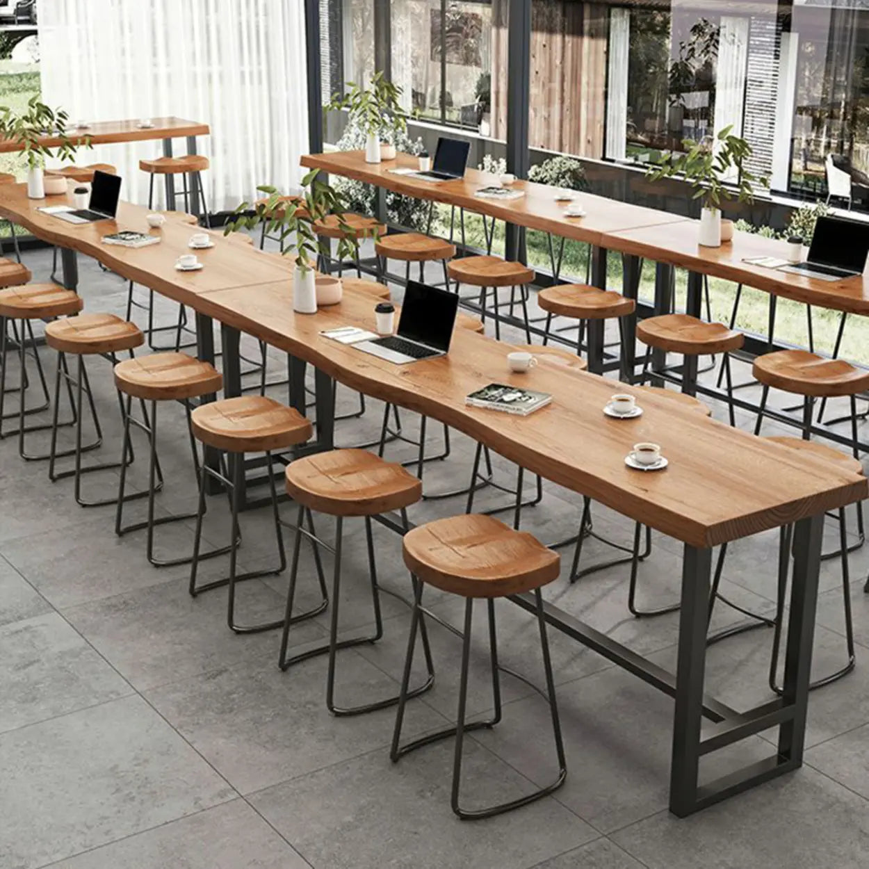 Industrial Brown Long Wood-Iron Bar Table Set — 1 Table & 6 Stools