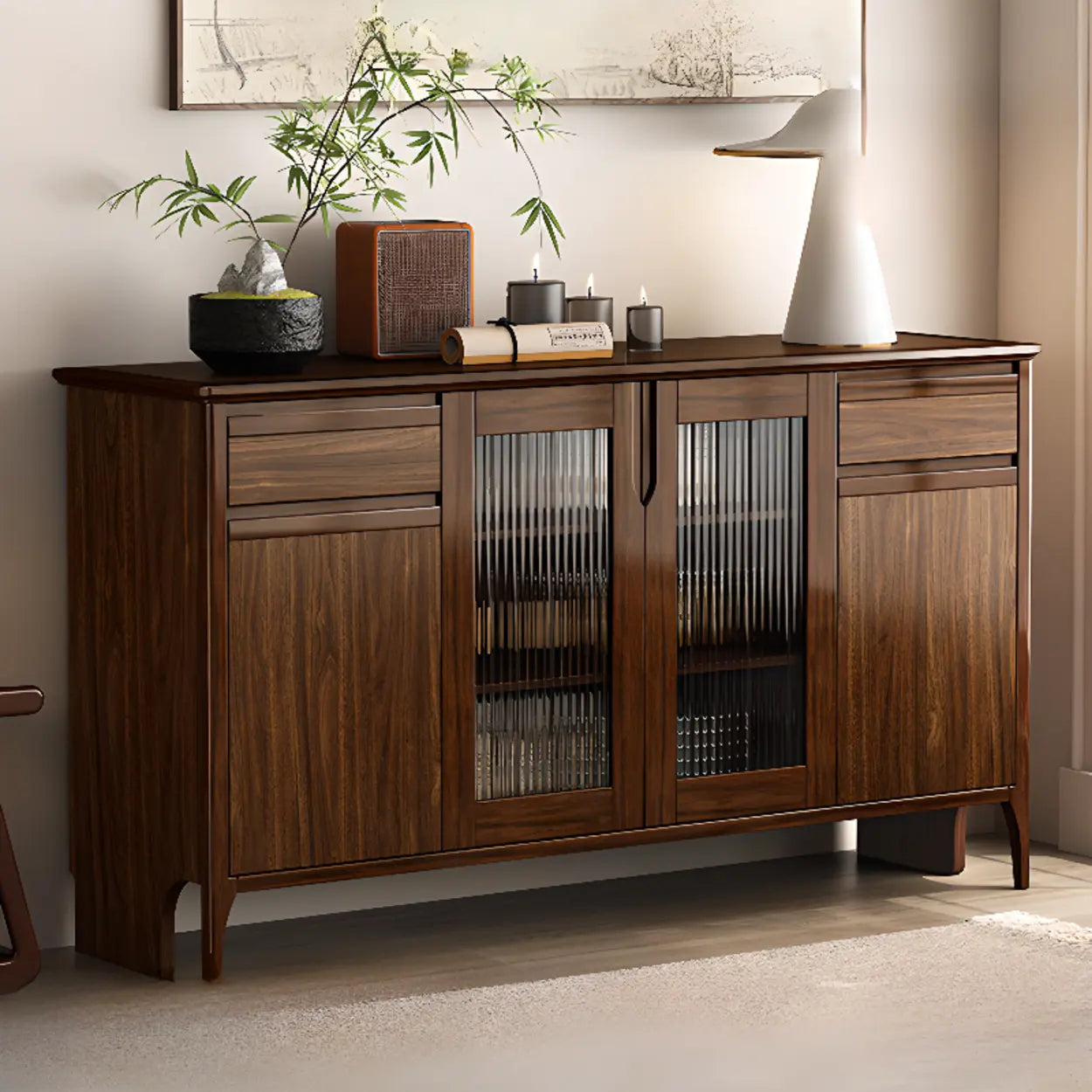 Brown Rectangular Wood Kitchen China Cabinet