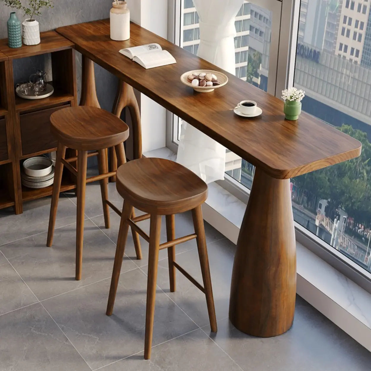 Brown Rectangular Wood Pedestal Bar Table