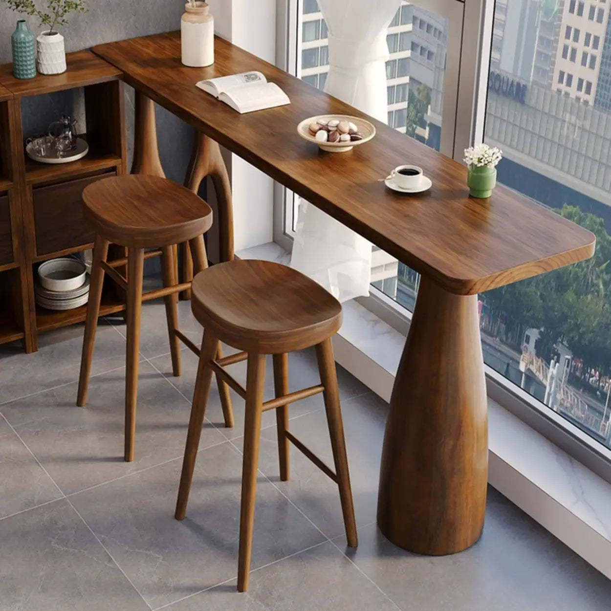 Brown Rectangular Wood Pedestal Bar Table — Table Only