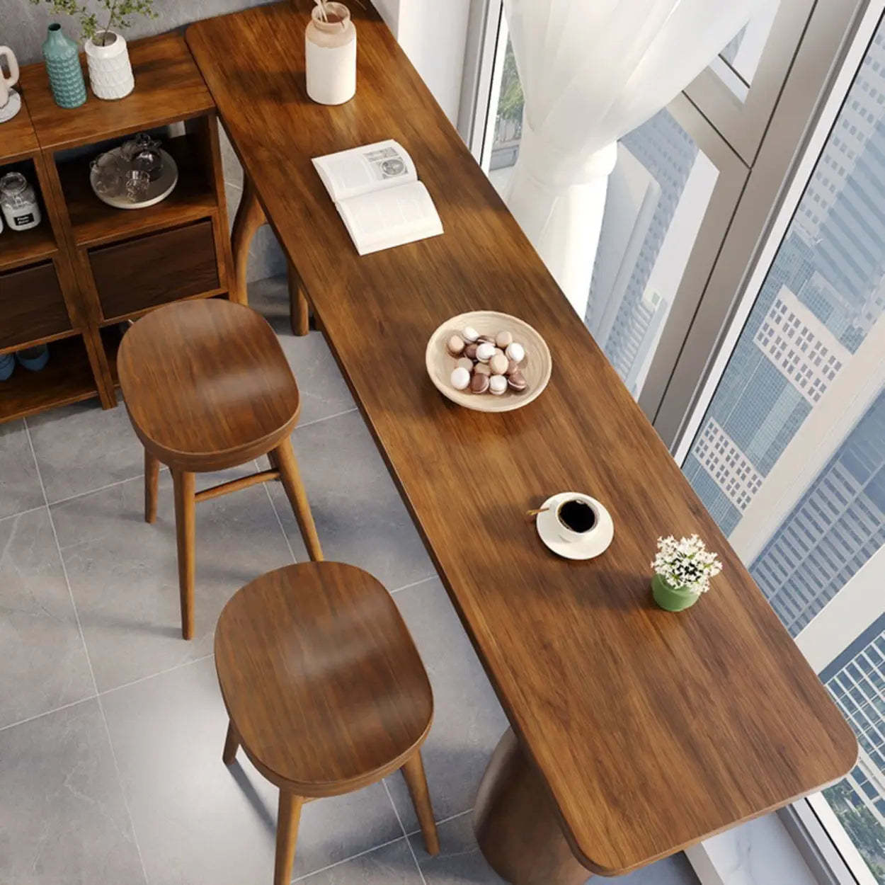 Brown Rectangular Wood Pedestal Bar Table — Table Only
