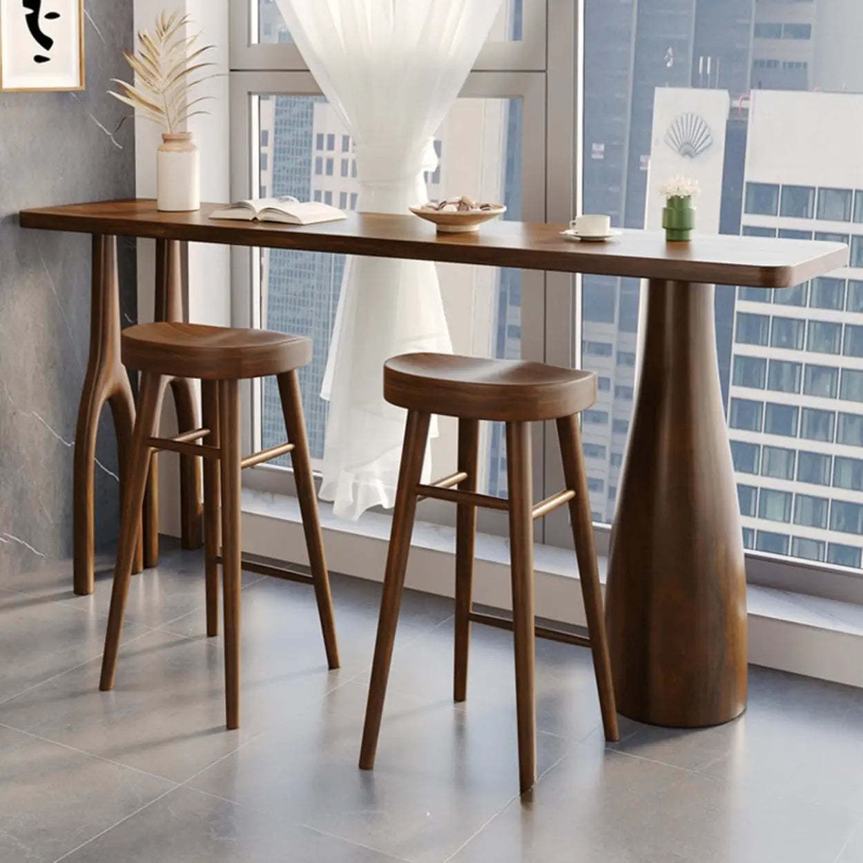 Brown Rectangular Wood Pedestal Bar Table — Table Only