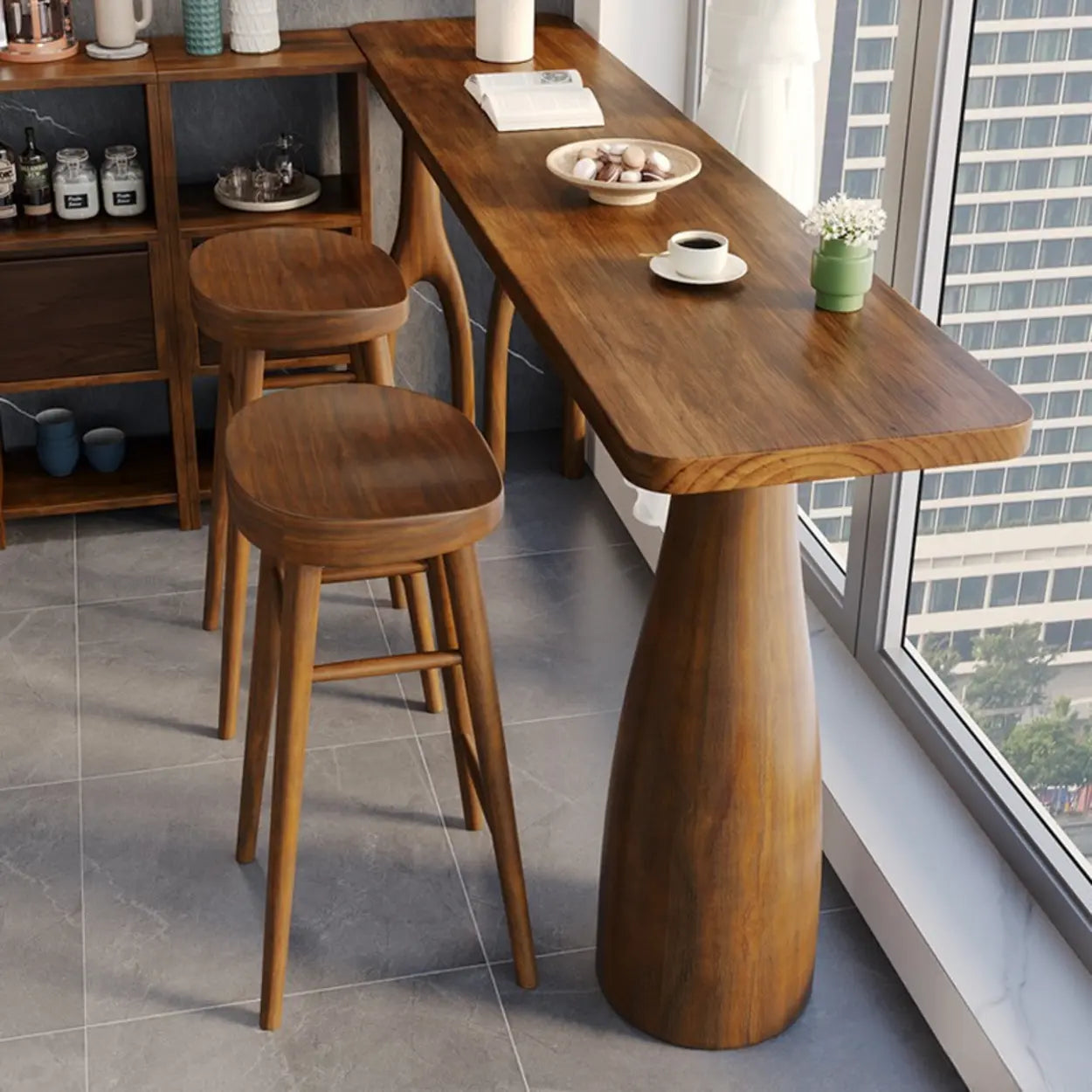 Brown Rectangular Wood Pedestal Bar Table — Table Only