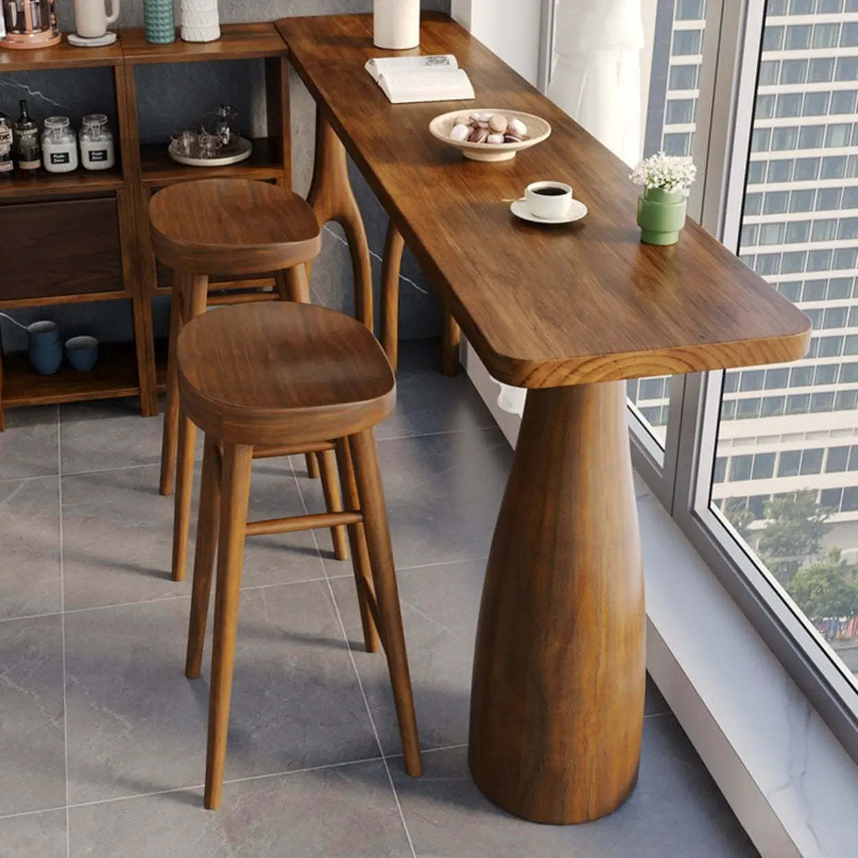 Brown Rectangular Wood Pedestal Bar Table — Table Only