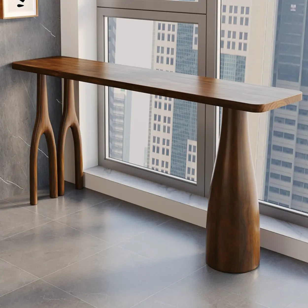 Brown Rectangular Wood Pedestal Bar Table — Table Only