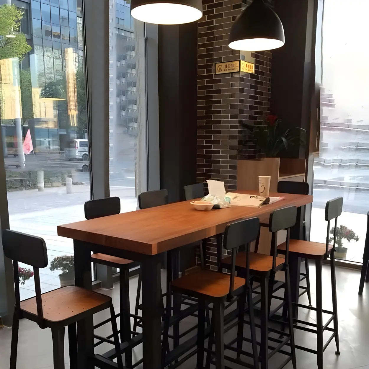 Long Wood-Metal Bar Table with Footrest — Table Only