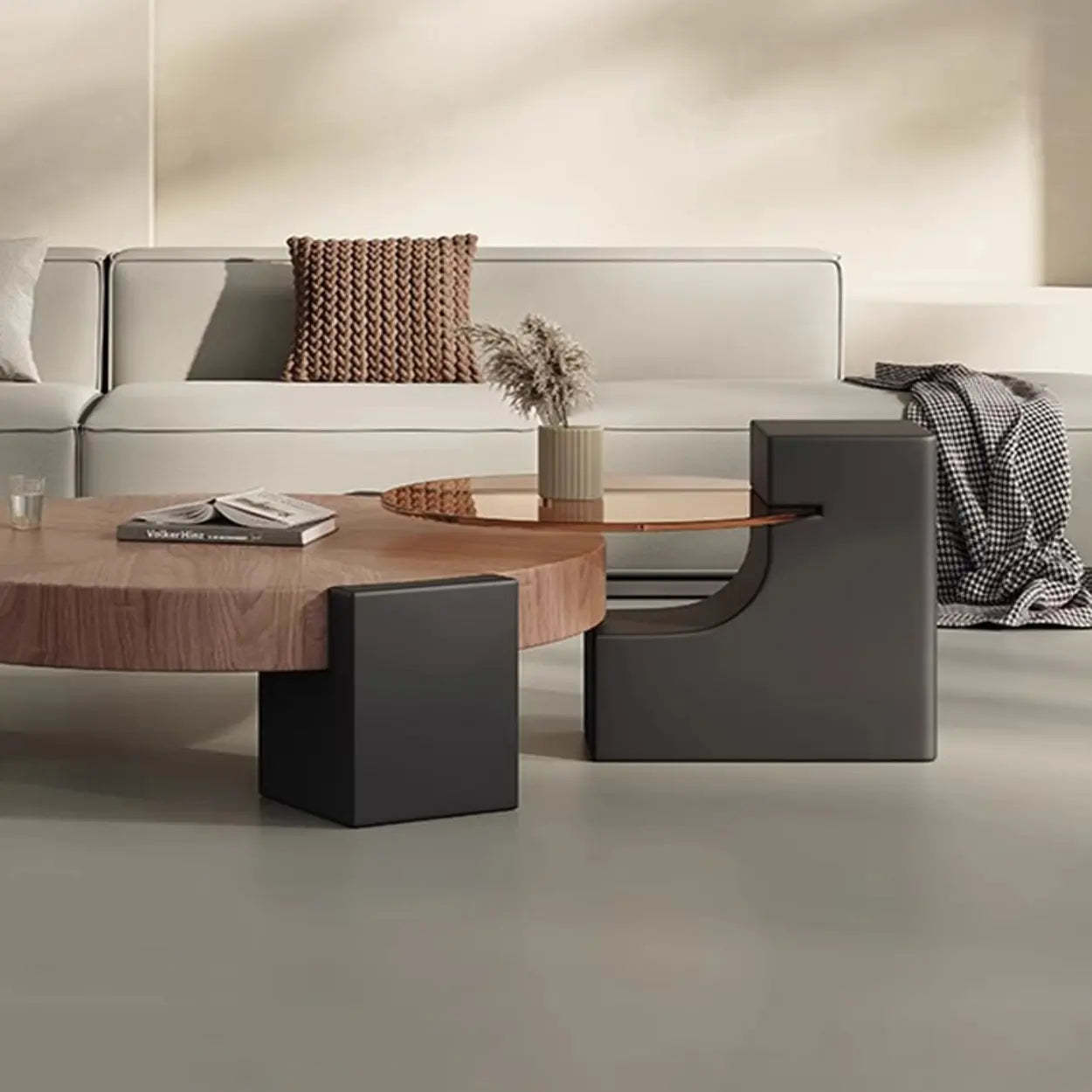 Brown Round Wood Nesting Coffee Table with Tripod Legs