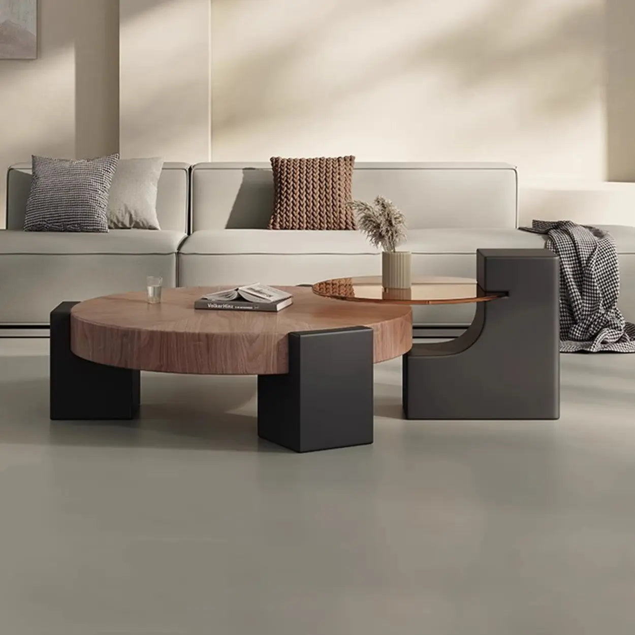 Brown Round Wood Nesting Coffee Table with Tripod Legs