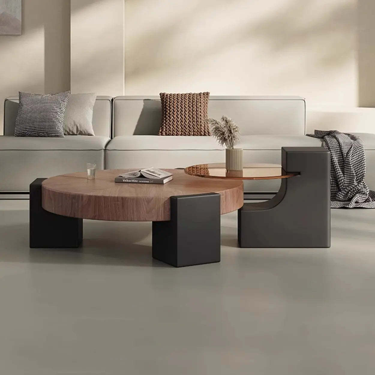 Brown Round Wood Nesting Coffee Table with Tripod Legs