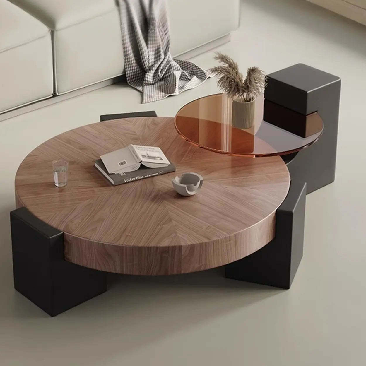 Brown Round Wood Nesting Coffee Table with Tripod Legs
