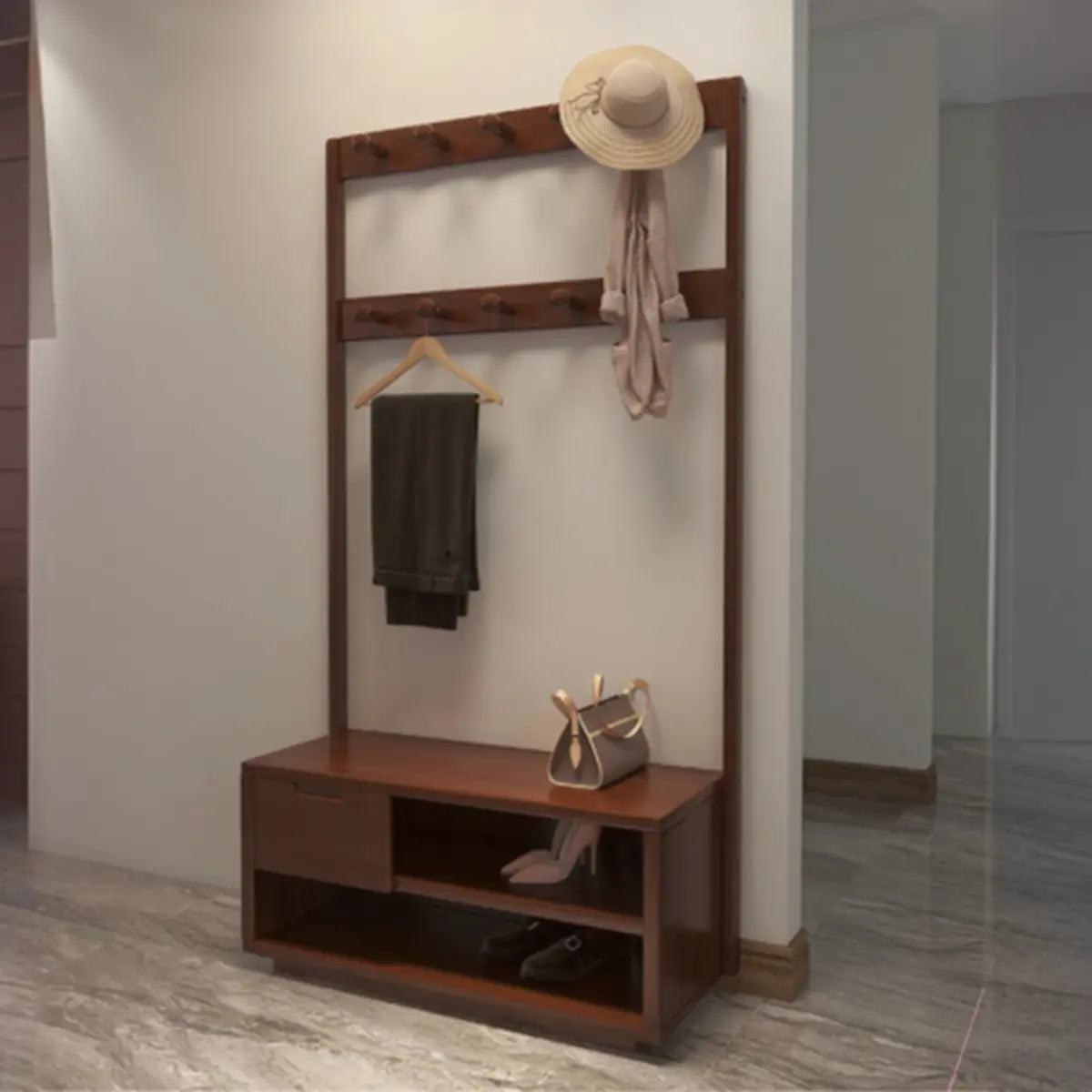Brown Rubberwood Multifunctional Drawer Coat Rack