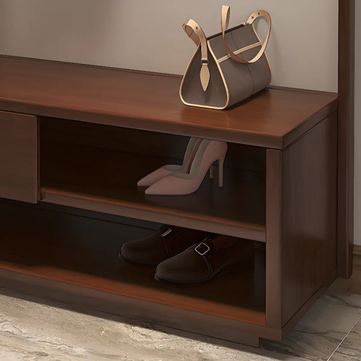 Brown Rubberwood Multifunctional Drawer Coat Rack