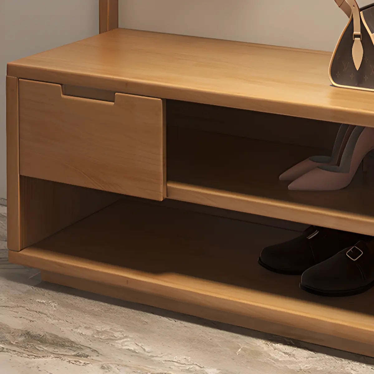Brown Rubberwood Multifunctional Drawer Coat Rack