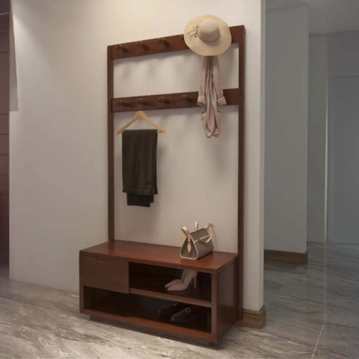 Brown Rubberwood Multifunctional Drawer Coat Rack — Natural