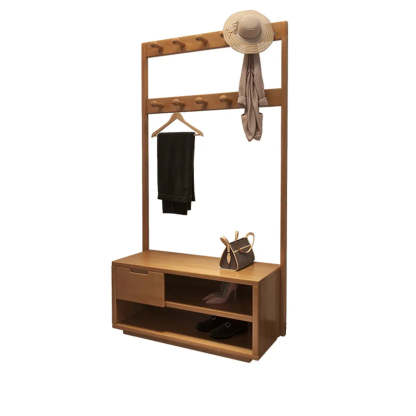Brown Rubberwood Multifunctional Drawer Coat Rack — Natural