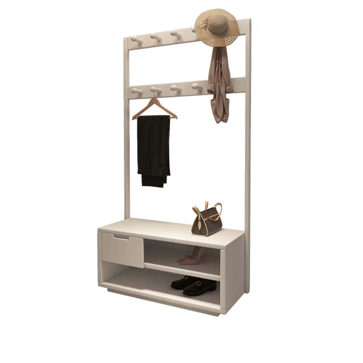 Brown Rubberwood Multifunctional Drawer Coat Rack — Nut-Brown