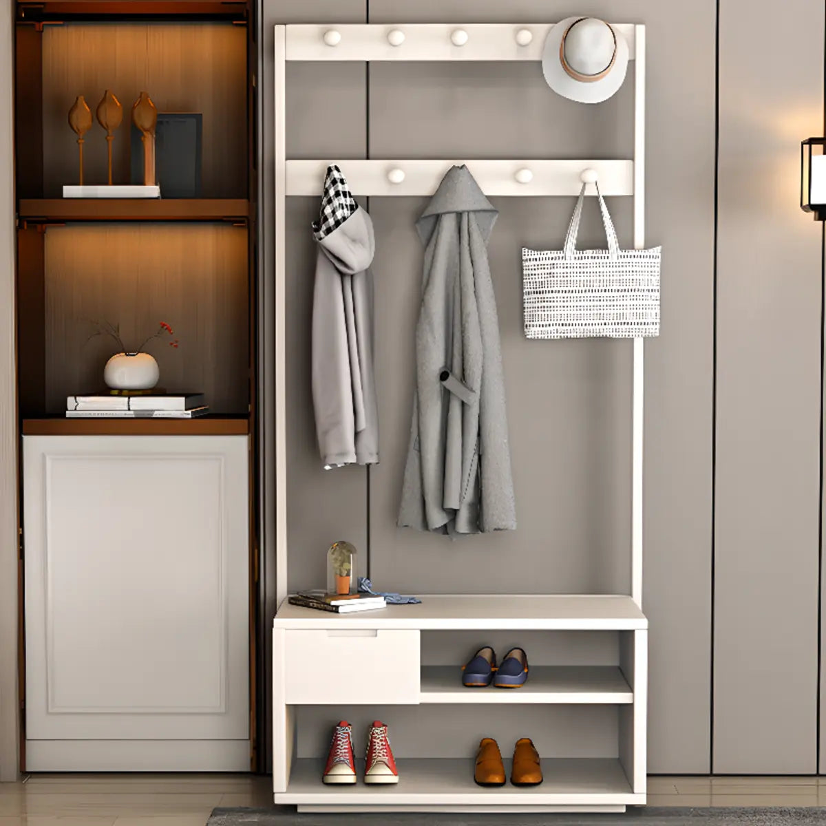 Brown Rubberwood Multifunctional Drawer Coat Rack — Nut-Brown