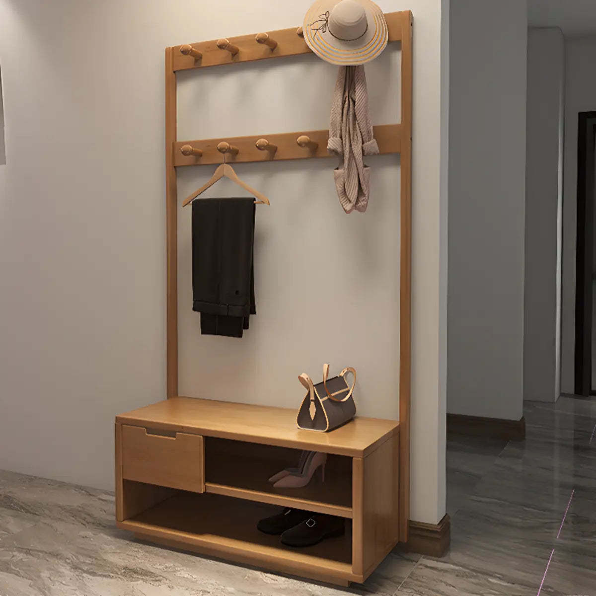 Brown Rubberwood Multifunctional Drawer Coat Rack — White