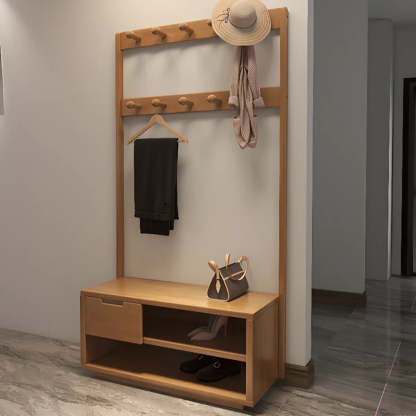 Brown Rubberwood Multifunctional Drawer Coat Rack — White