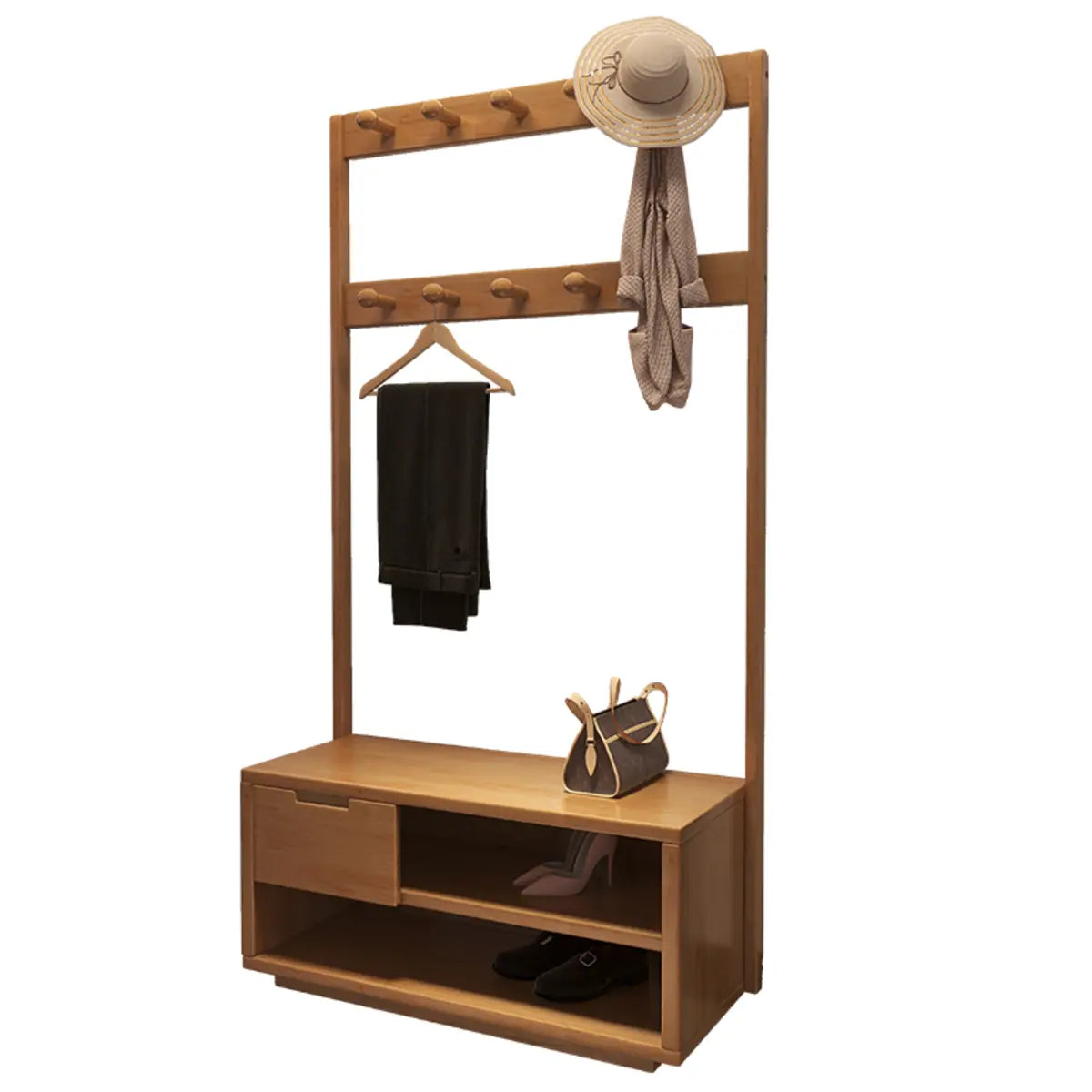 Brown Rubberwood Multifunctional Drawer Coat Rack — White