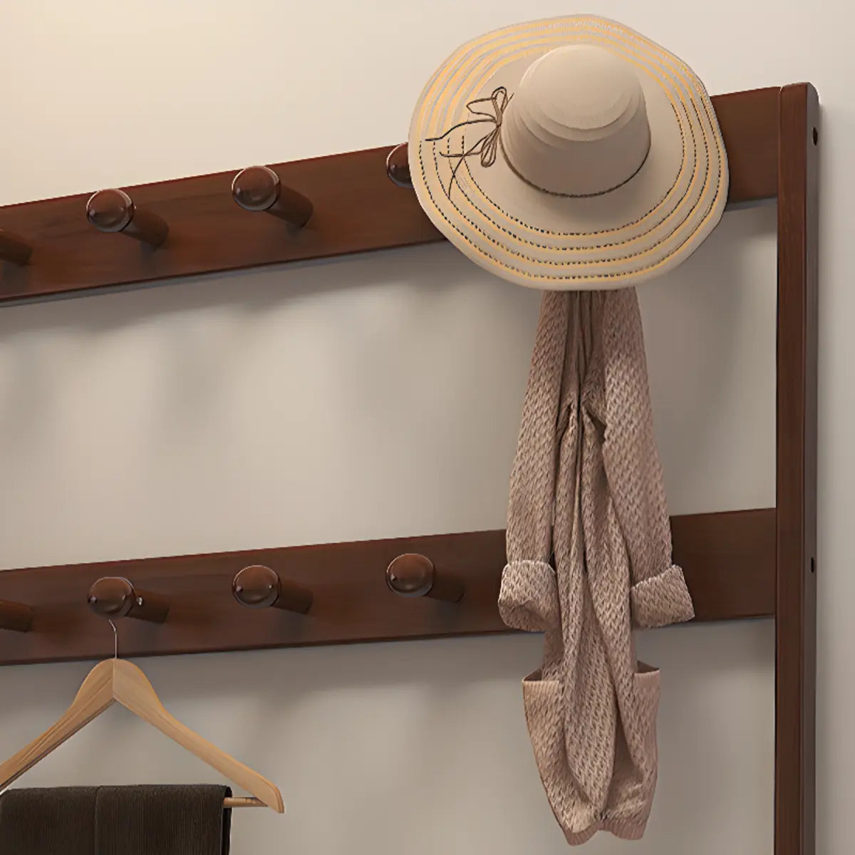 Brown Rubberwood Multifunctional Drawer Coat Rack — White
