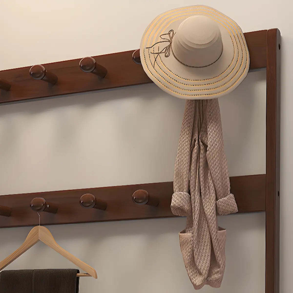 Brown Rubberwood Multifunctional Drawer Coat Rack — White