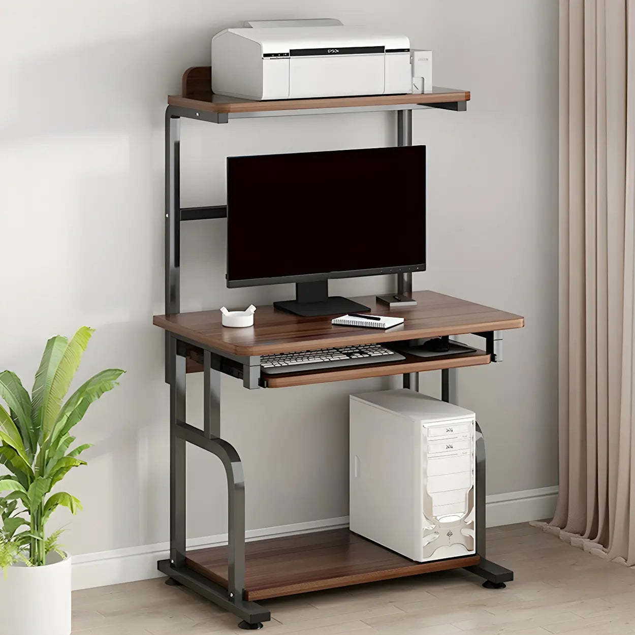 Brown Wood Computer Desk with Shelves — Brown / Table Only