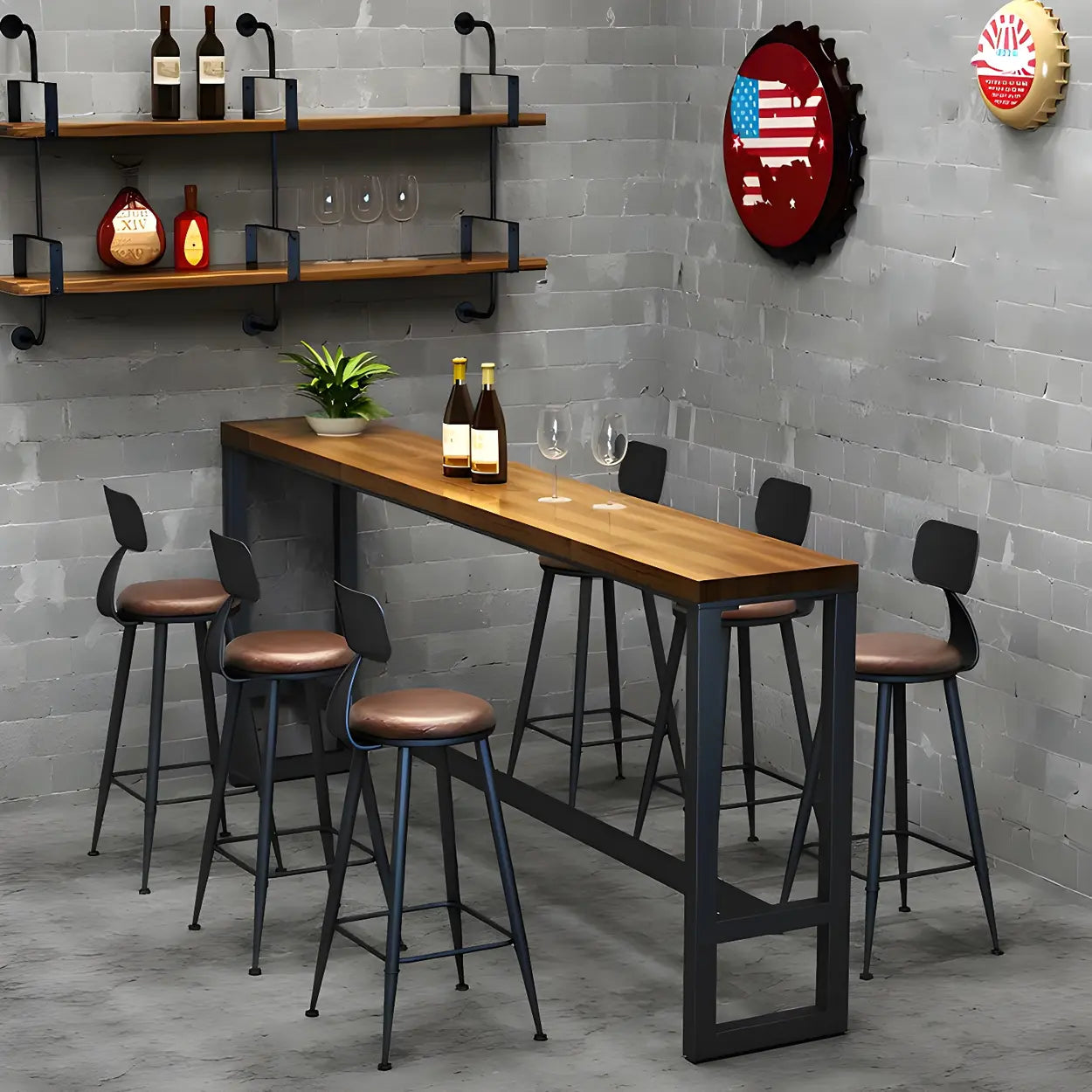 Brown Round Wood Metal Tall Bar Table — Dark Brown/ Black / Table Only