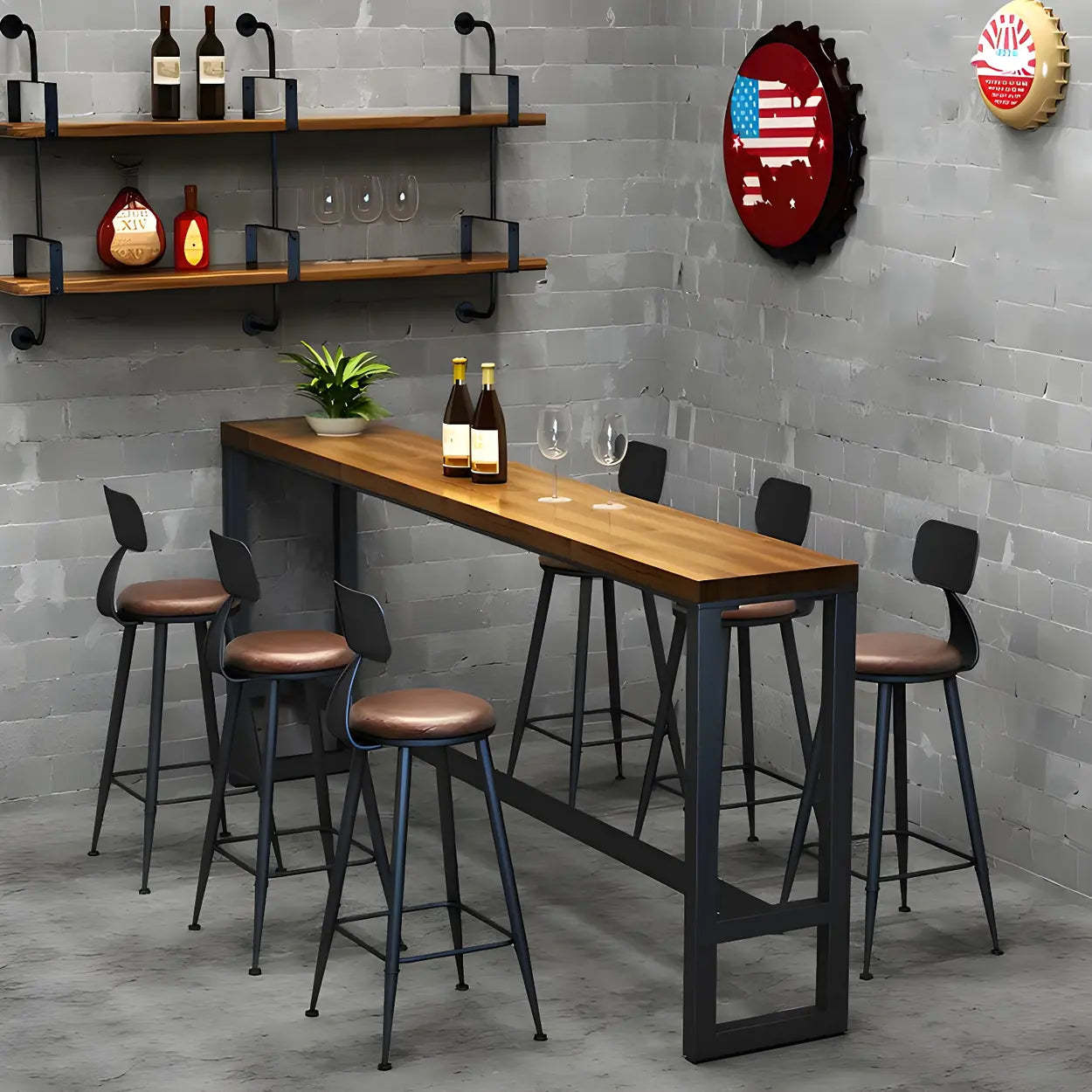 Brown Round Wood Metal Tall Bar Table — Dark Brown/ Black / Table Only