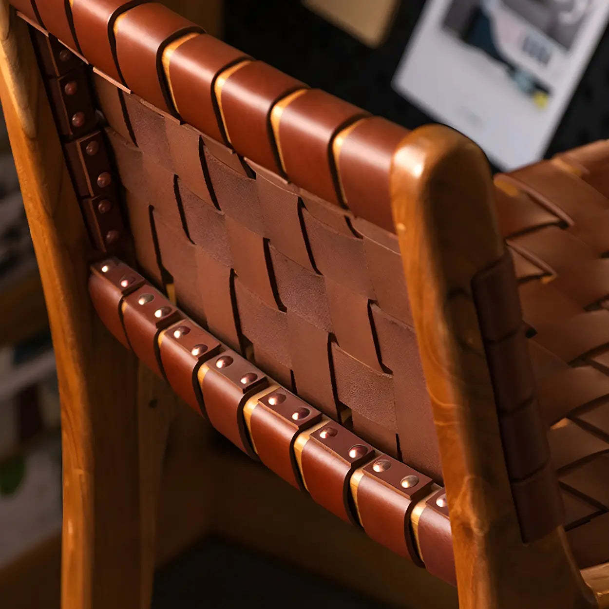 Brown Woven Leather Wood Frame Bar Stool