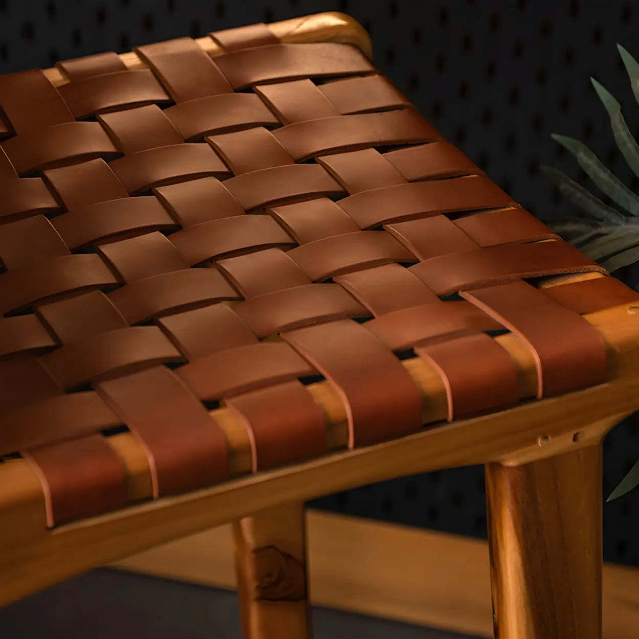 Brown Woven Leather Wood Frame Bar Stool