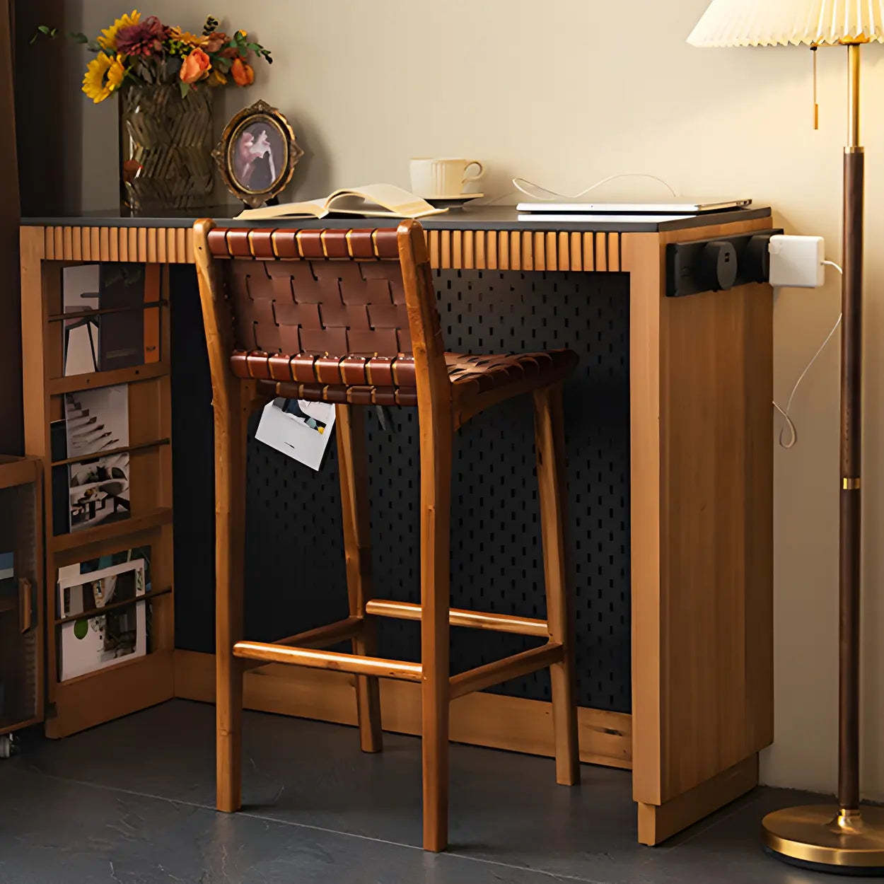 Brown Woven Leather Wood Frame Bar Stool