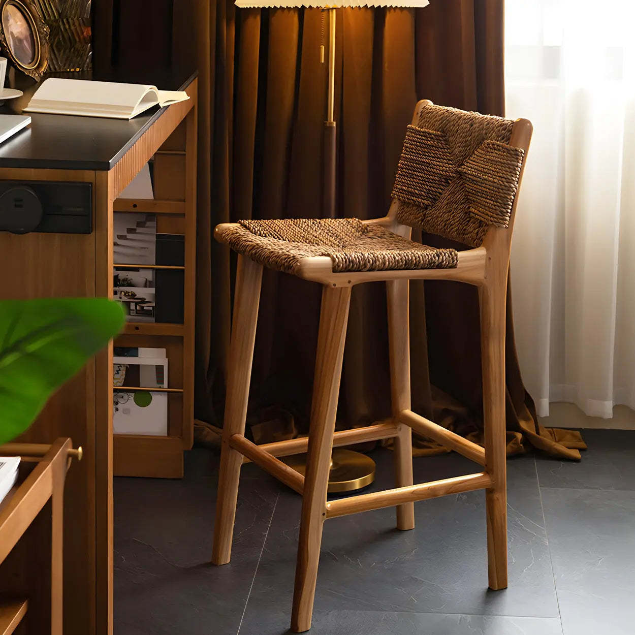 Brown Woven Leather Wood Frame Bar Stool