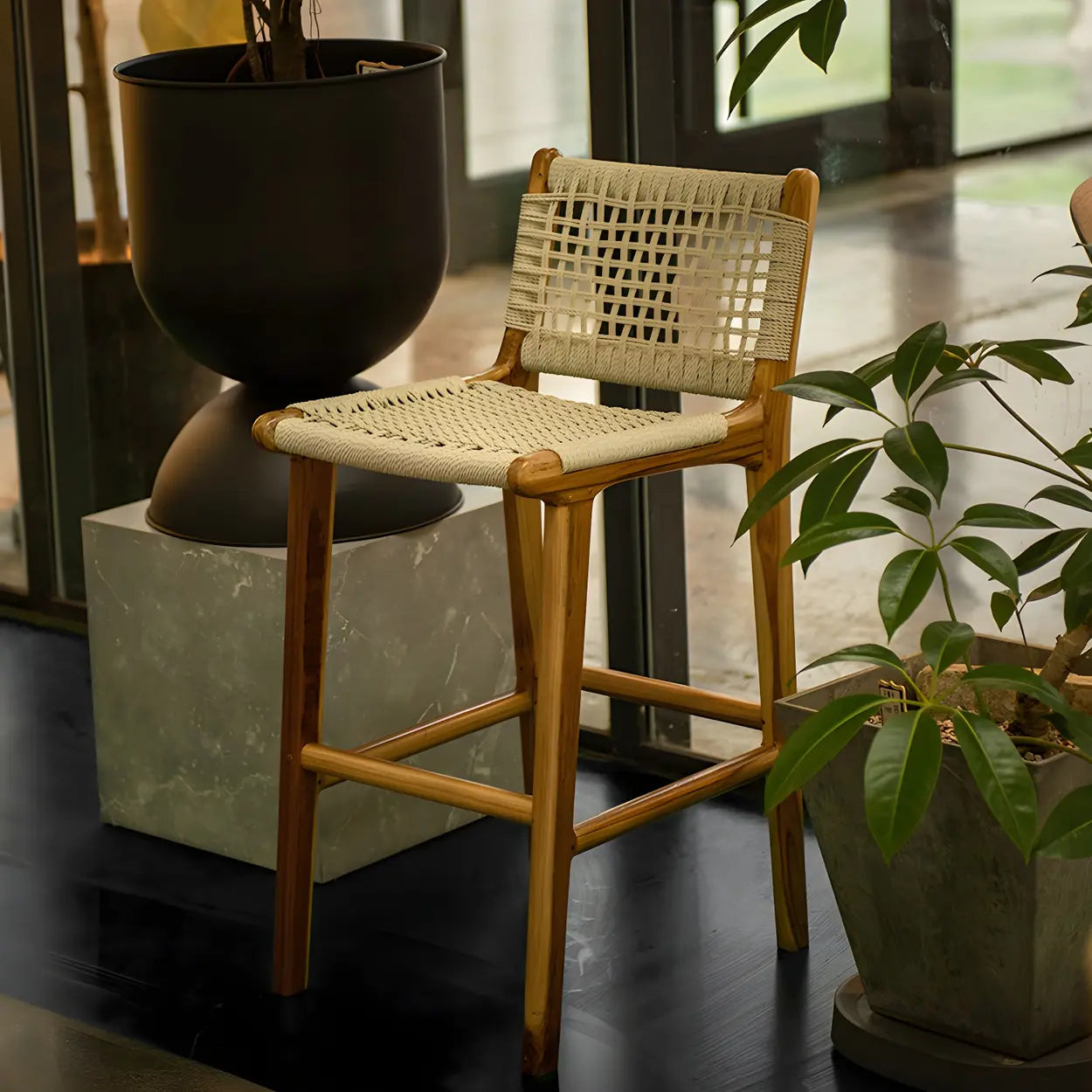 Brown Woven Leather Wood Frame Bar Stool — Brown / 1 Piece